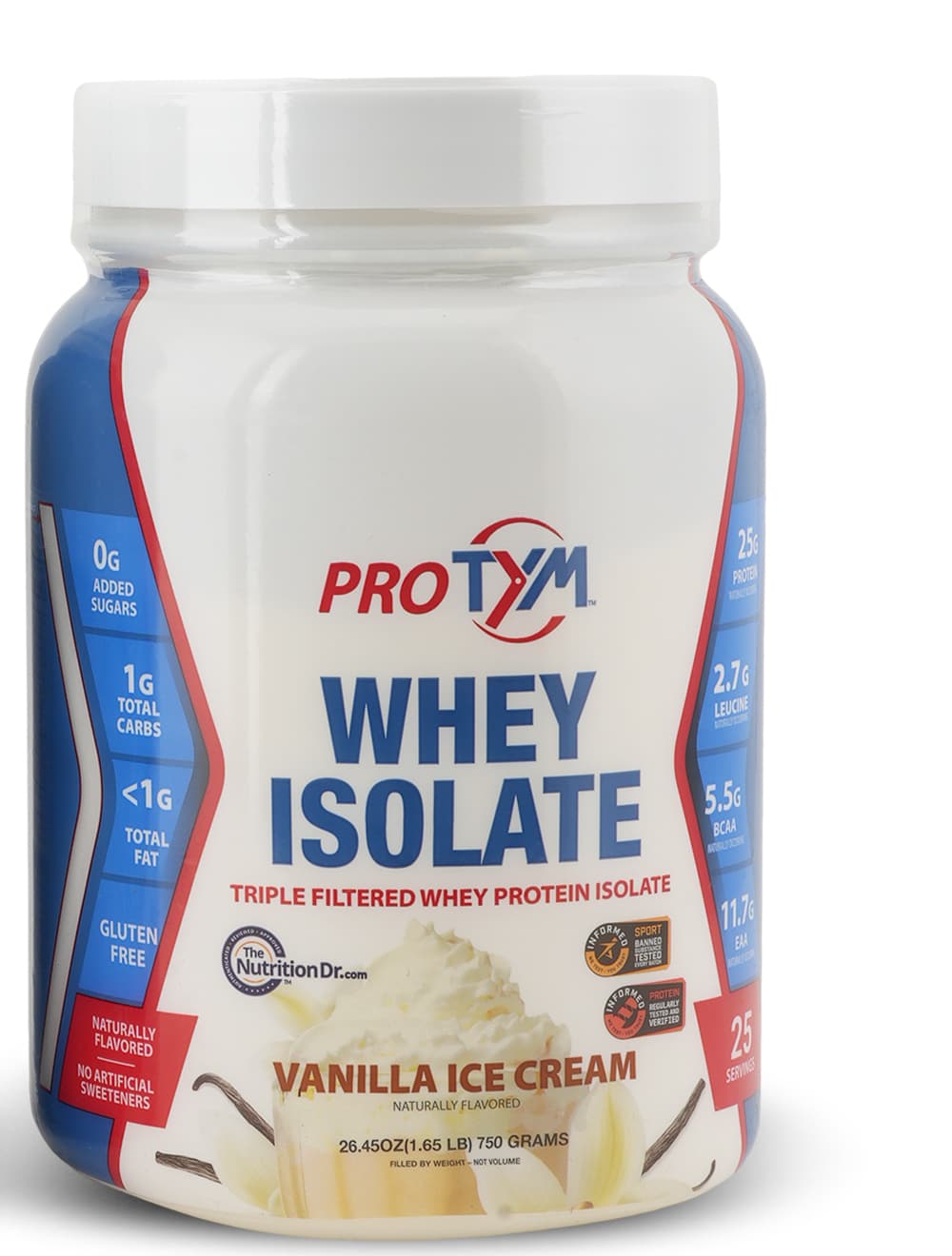 Front of the ProTYM Vanilla Ice Cream Whey Isolate tub
